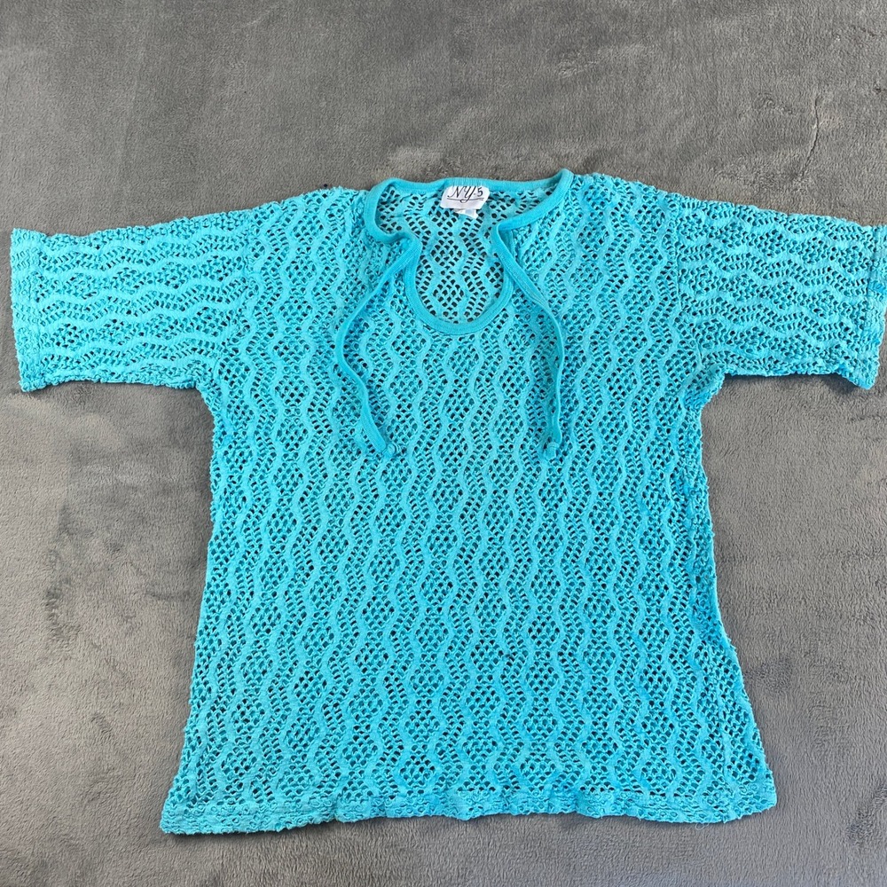 Crochet Knit Top Womens One Size Blue Tie NY-5 Vintage Coastal Boho Summer Beach